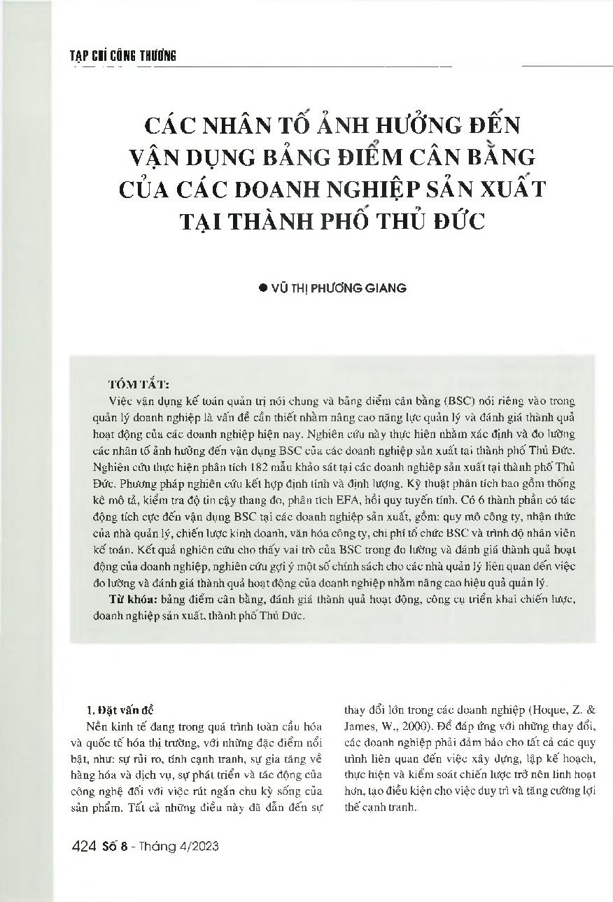 Các nhân tố ảnh hưởng đến vận dụng bảng điểm cân bằng của các doanh nghiệp sản xuất tại thành phố Thủ Đức