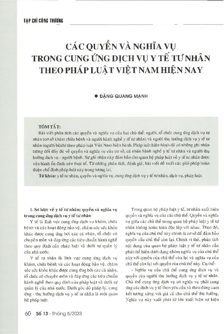 Các quyền và nghĩa vụ trong cung ứng dịch vụ y tế tư nhân theo pháp luật Việt Nam hiện nay