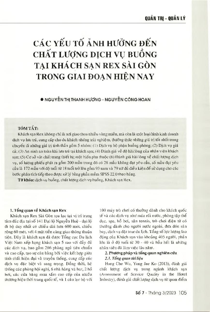 Các yếu tố ảnh hưởng đến chất lượng dịch vụ buồng tại Khách sạn Rex sài Gòn trong giai đoạn hiện nay = Factors affecting the quality of room services at Rex Hotel Saigon