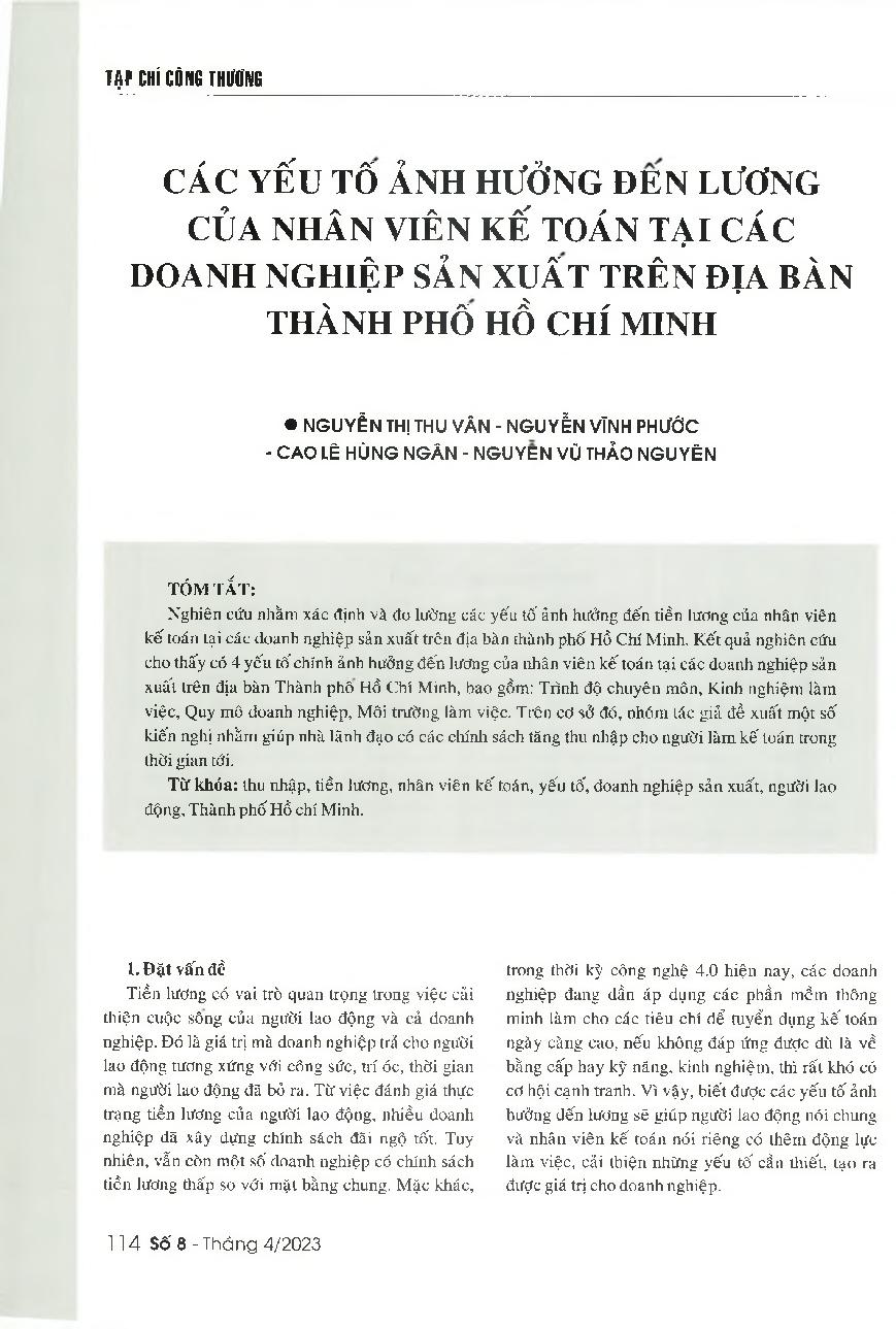 Các yếu tố ảnh hưởng đến lương của nhân viên kế toán tại các doanh nghiệp sản xuất trên địa bàn thành phố Hồ Chí Minh