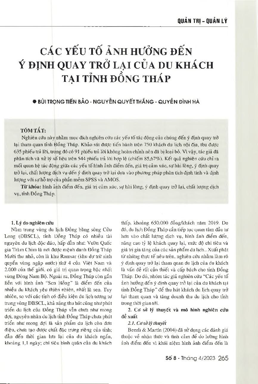 Các yếu tố ảnh hưởng đến ý định quay trở lại của du khách tại tỉnh Đồng Tháp