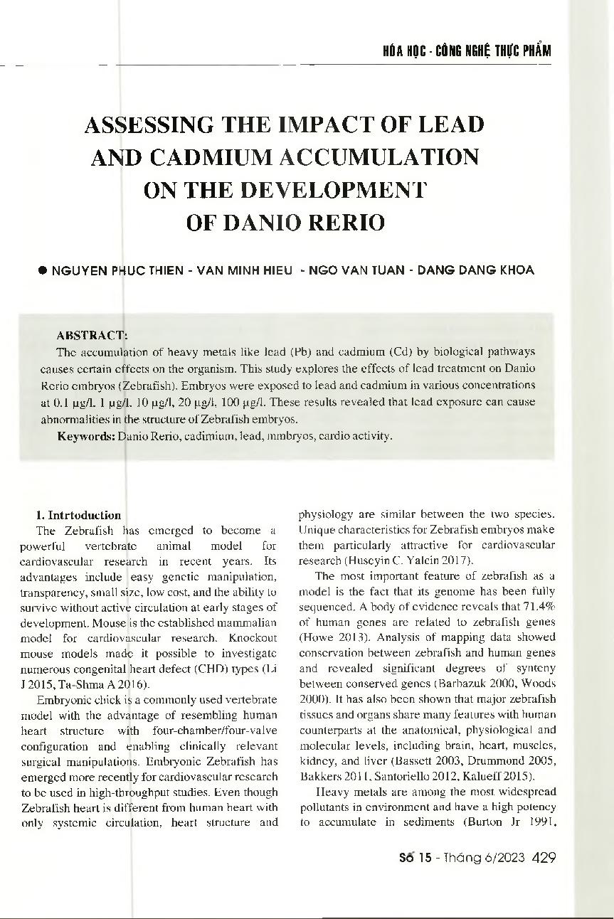 Đánh giá tác động của việc tích luỹ chì và cadimi đối với sự phát triển của cá ngựa vằn
