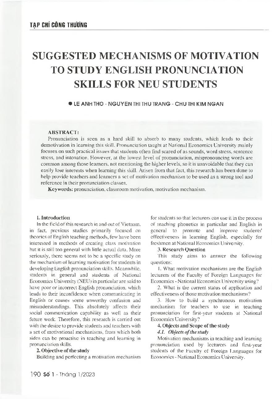 Đề xuất cơ chế thúc đẩy việc học kỹ năng phát âm tiếng Anh cho sinh viên Trường Đại học Kinh tế quốc dân = Suggested mechanisms of motivation to study english pronunciation skills for neu students