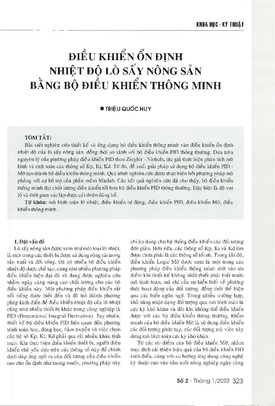 Điều khiển ổn định nhiệt độ lò sấy nông sản bằng bộ điều khiển thông minh = Using the intelligent controller to stably control the temperature of agricultural drying cabinet