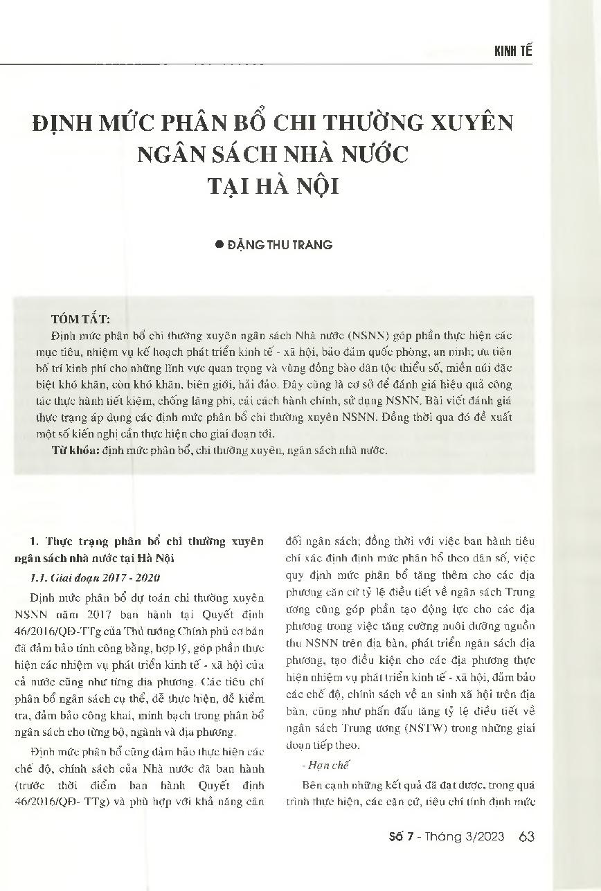 Định mức phân bổ chi thường xuyên ngân sách nhà nước tại Hà Nội = The allocation norm applying for the recurrent expenditures of the state budget in Hanoi