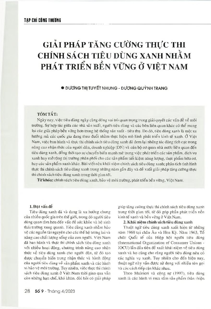 Giải pháp tăng cường thực thi chính sách tiêu dùng xanh nhằm phát triển bền vững ở Việt Nam