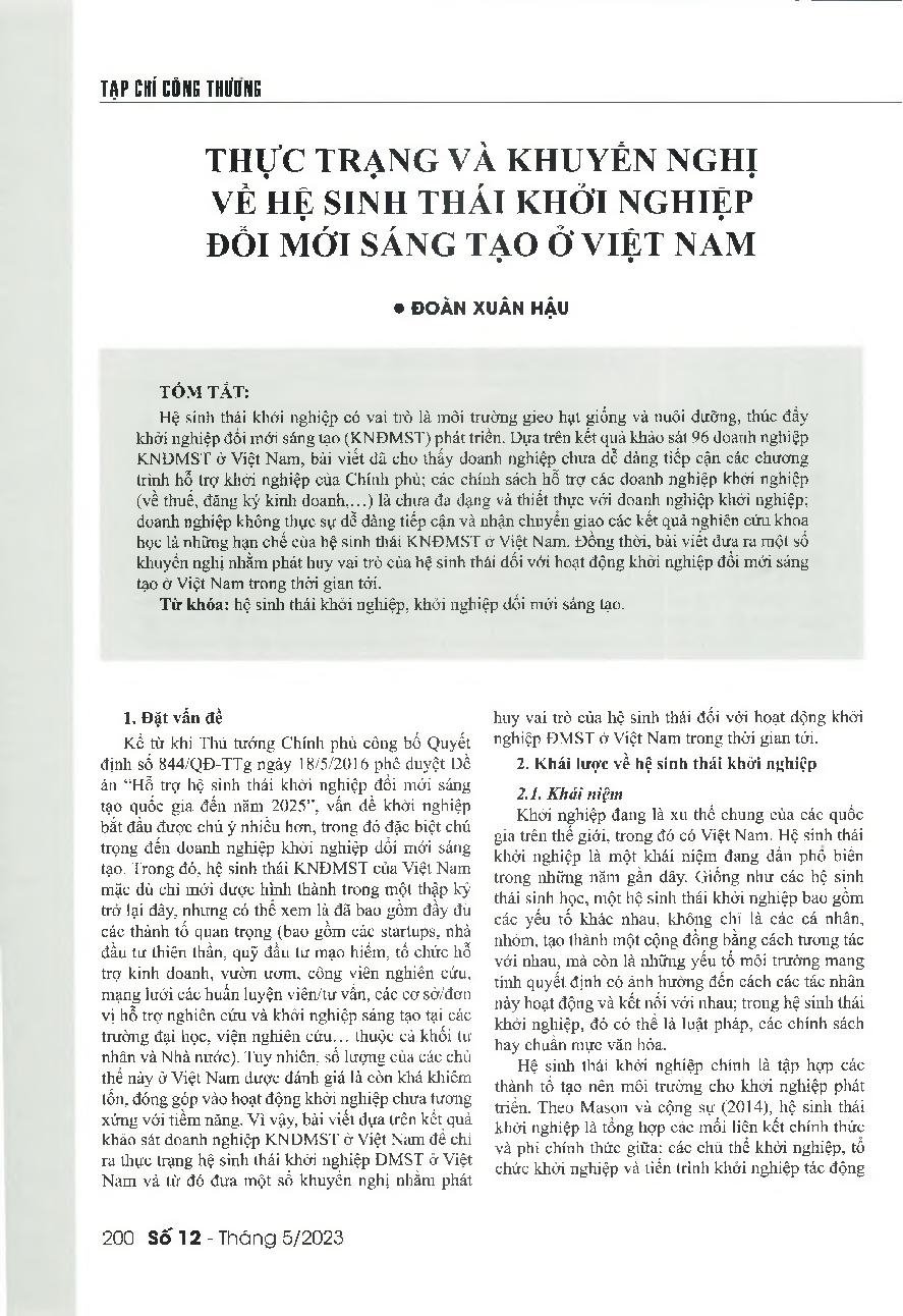 Hệ sinh thái khởi nghiệp đổi mới sáng tạo ở Việt Nam: Thực trạng và một số khuyến nghị