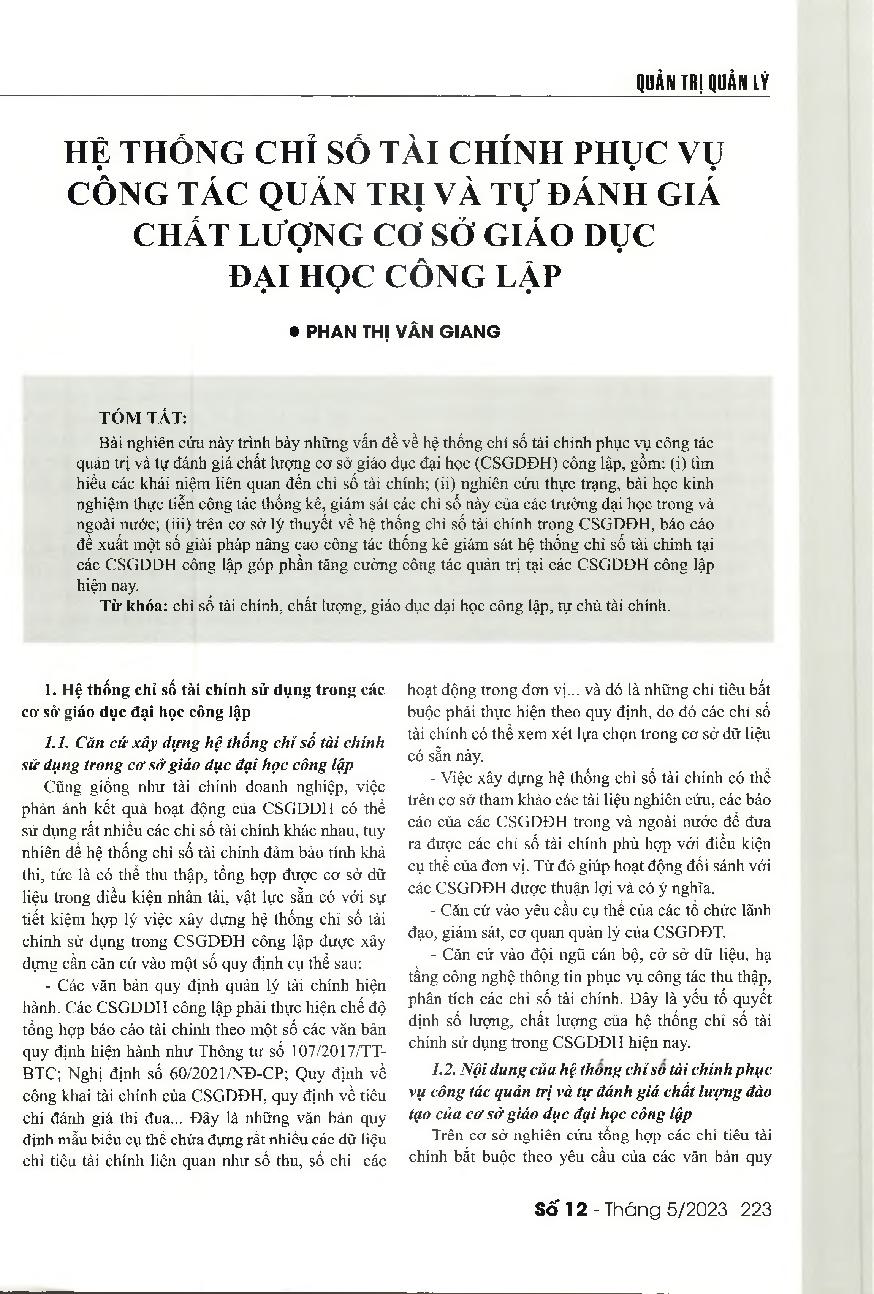 Hệ thống chỉ số tài chính phục vụ công tác quản trị và tự đánh giá chất lượng cơ sở giáo dục đại học công lập