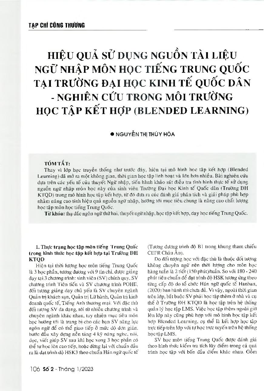 Hiệu quả sử dụng nguồn tài liệu ngữ nhập môn học tiếng Trung Quốc tại Trường Đại học Kinh tế quốc dân - Nghiên cứu trong môi trường học tập kết hợp (Blended Learning) = A study on the effectiveness of using the input hypothesis to learn Chinese in the ble