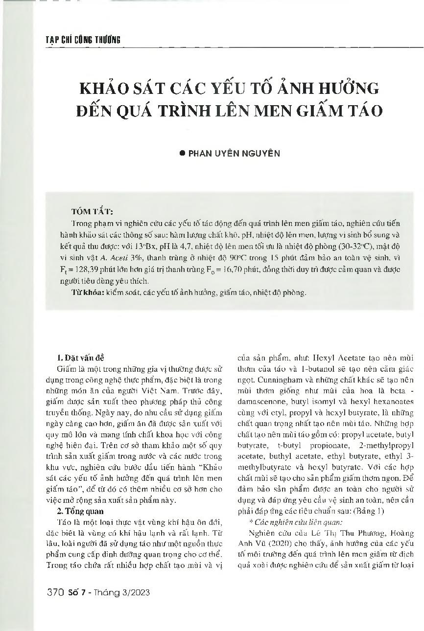 Khảo sát các yếu tố ảnh hưởng đến quá trình lên men giấm táo = A study on the factors affecting the apple cider vinegar fermentation