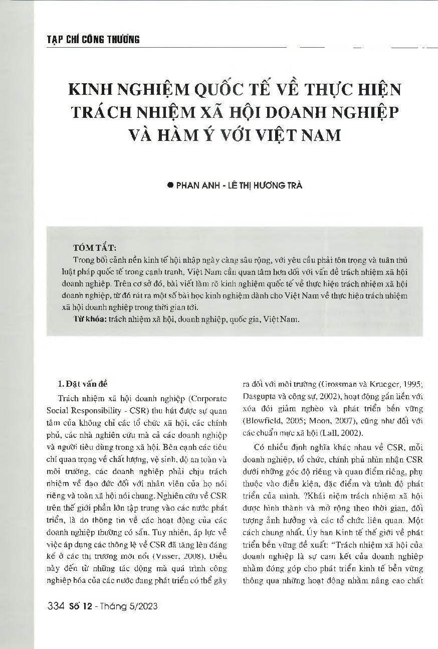 Kinh nghiệm quốc tế về thực hiện trách nhiệm xã hội doanh nghiệp và hàm ý với Việt Nam