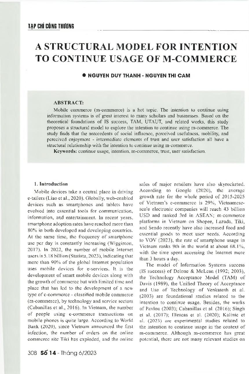 Mô hình cấu trúc về ý định tiếp tục sử dụng thương mại di động