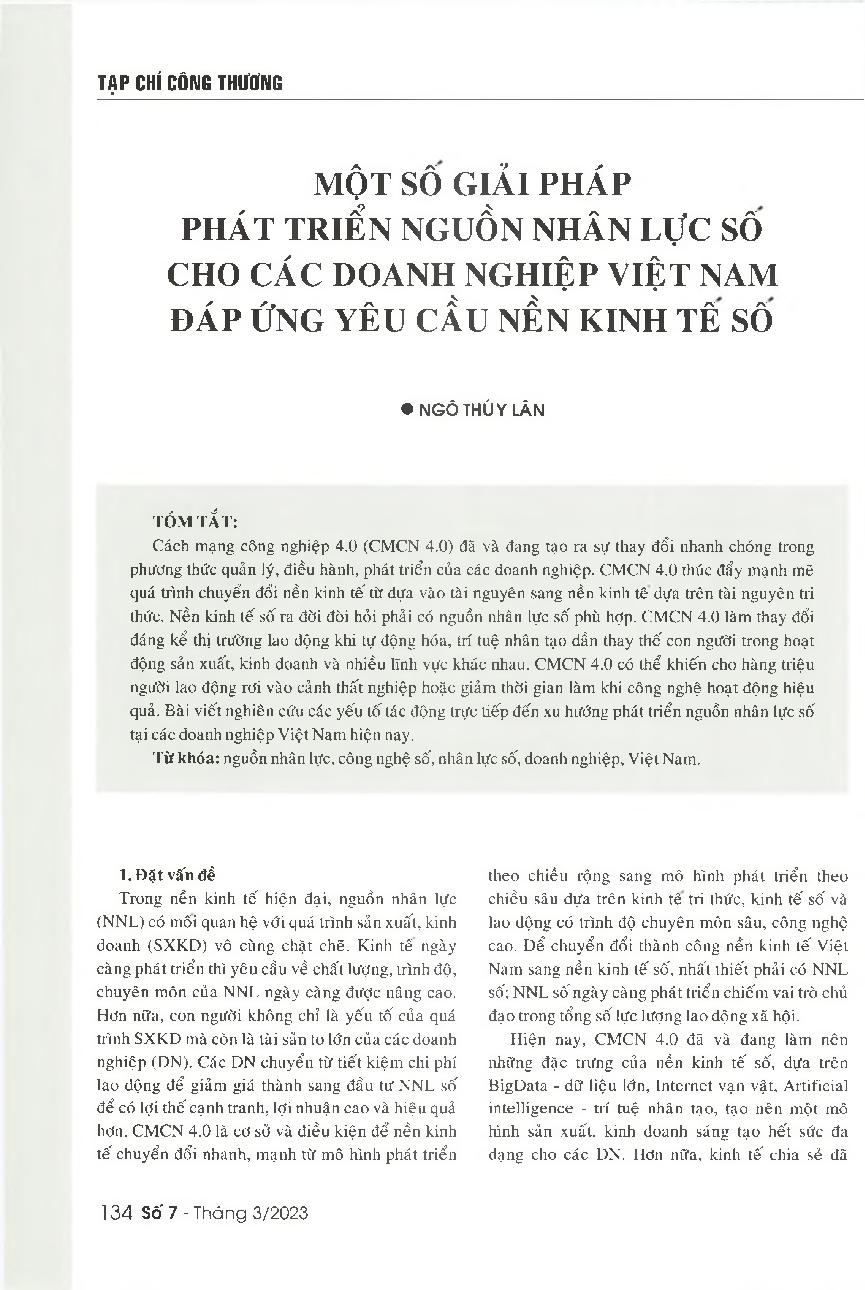 Một số giải pháp phát triển nguồn nhân lực số cho các doanh nghiệp Việt Nam đáp ứng yêu cầu nền kinh tế số = Some solutions for the digital human resource development of Vietnamese enterprises to meet requriements of a digital economy