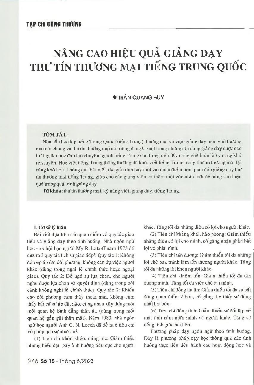 Nâng cao hiệu quả giảng dạy thư tín thương mại tiếng Trung Quốc