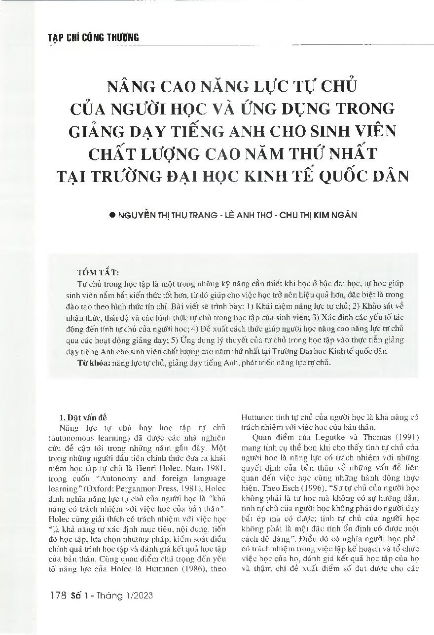 Nâng cao năng lực tự chủ của người học và ứng dụng trong giảng dạy tiếng Anh cho sinh viên chất lượng cao năm thứ nhất tại Trường Đại học Kinh tế quốc dân = Ways to improve the learners' autonomy and their implementation in English language teaching for f