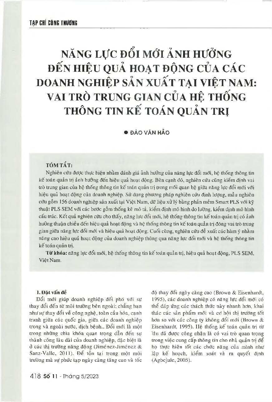 Năng lực đổi mới ảnh hưởng đến hiệu quả hoạt động của các doanh nghiệp sản xuất tại Việt Nam: Vai trò trung gian của hệ thống thông tin kế toán quản trị