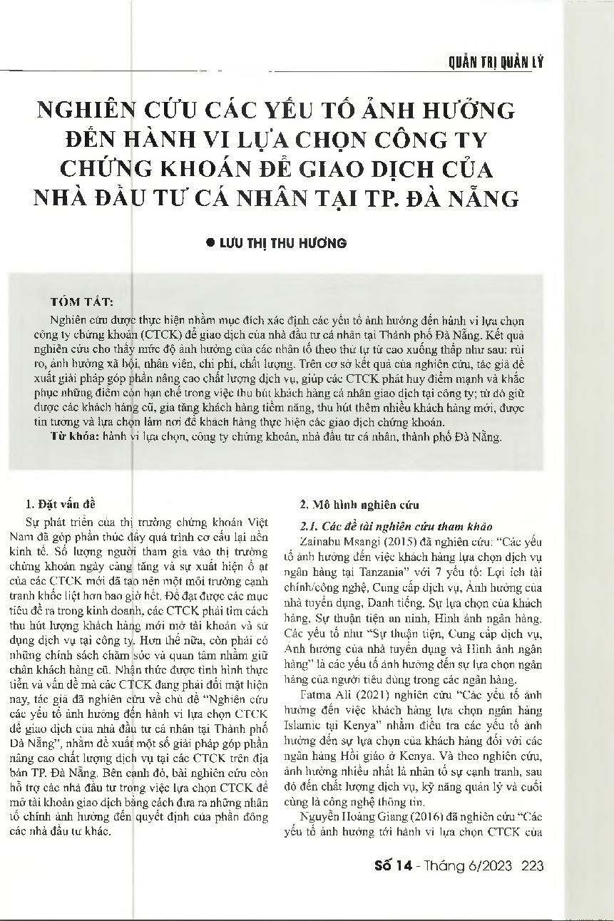 Nghiên cứu các yếu tố ảnh hưởng đến hành vi lựa chọn công ty chứng khoán để giao dịch của nhà đầu tư cá nhân tại TP. Đà Nẵng