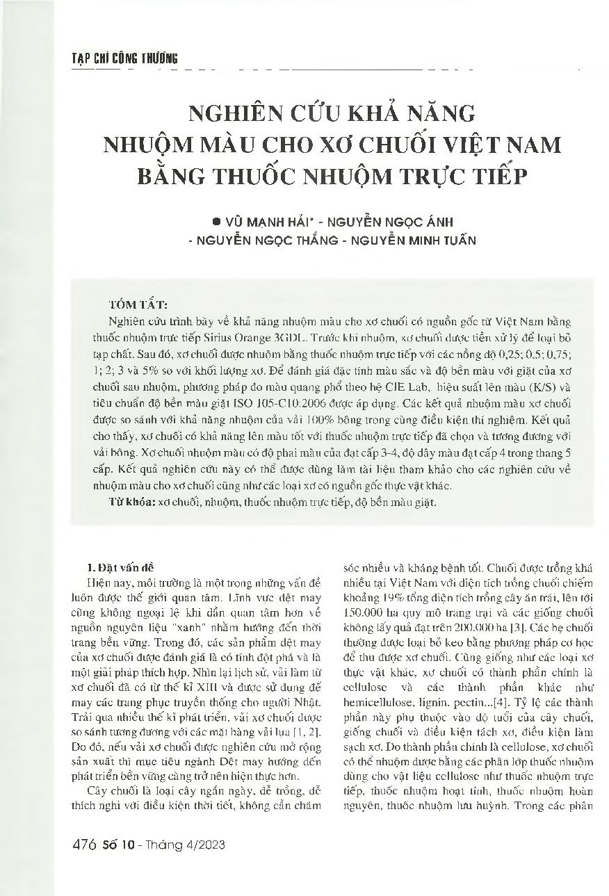 Nghiên cứu khả năng nhuộm màu cho xơ chuối Việt Nam bằng thuốc nhuộm trực tiếp
