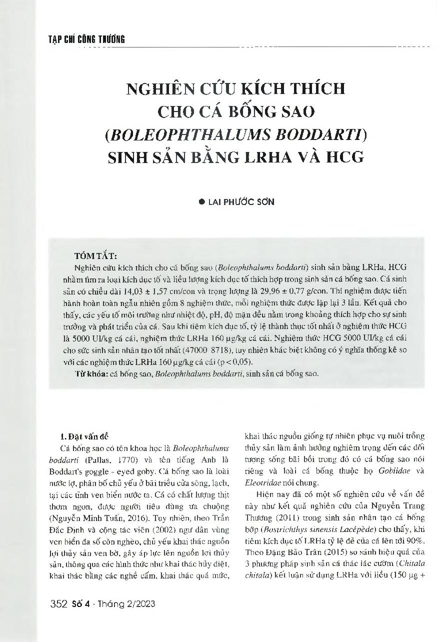 Nghiên cứu kích thích cho cá bống sao (Boleophthalums boddartí) sinh sản bằng LRHa và HCG = A study on the reproduction stimulation of Boddart's goggle-eyed goby (Bobohthalums Boddarti) with LRHa and HCG