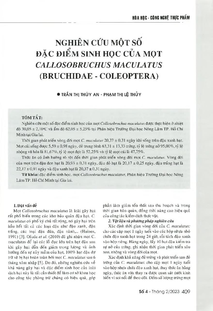Nghiên cứu một số đặc điểm sinh học của mọt Callosobruchus maculatus (Bruchidae - Coleoptera) = A study on the biological characteristics of Callosobruchus maculatus (Bruchidae - Coleoptera)