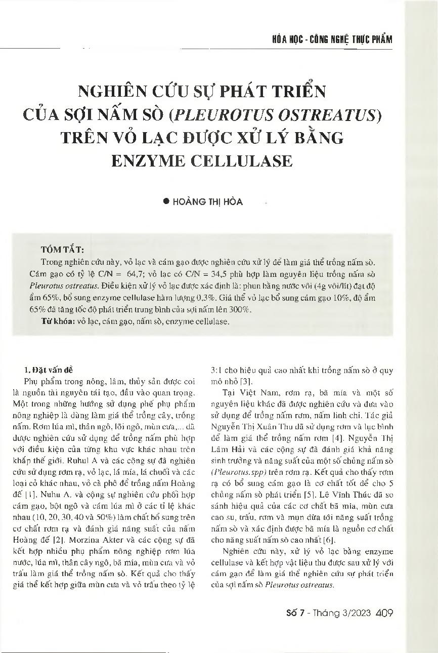 Nghiên cứu sự phát triển của sợi nấm sò (Pleurotus ostreatus) trên vỏ lạc được xử lý bằng enzyme cellulase = A study on the mycelium growth of oyster mushroom (Pleurotus ostreatus) in peanut shell treated by cellulase enzyme