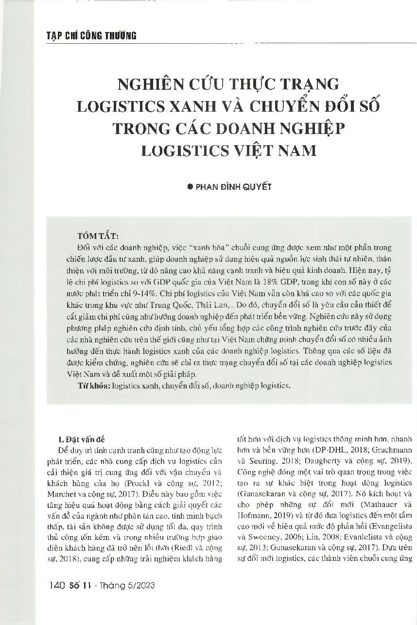Nghiên cứu thực trạng chuyển đối số trong quá trình thực hành logistics xanh tại các doanh nghiệp logistics Việt Nam