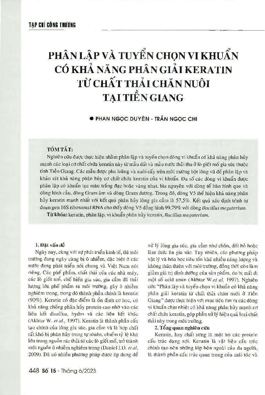 Phân lập và tuyển chọn vi khuẩn có khả năng phân giải Keratin từ chất thải chăn nuôi tại Tiền Giang