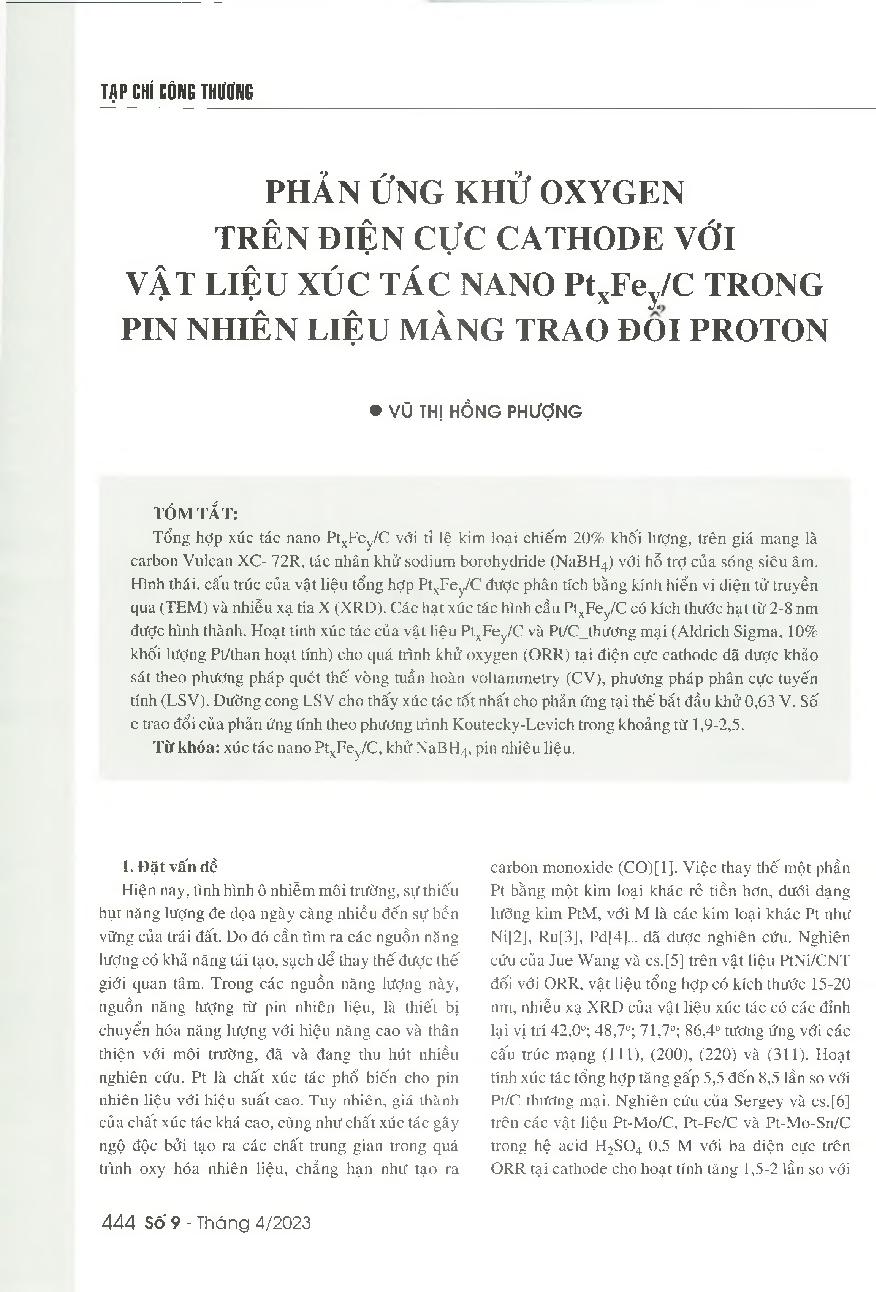 Phản ứng khử Oxygen trên điện cực Cathode với vật liệu xúc tác Nano PtxFey/C trong pin nhiên liệu màng trao đổi proton