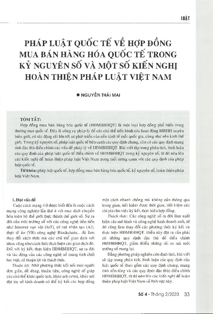 Pháp luật quốc tế về hợp đồng mua bán hàng hóa quốc tế trong kỷ nguyên số và một số kiến nghị hoàn thiện pháp luật Việt Nam = International laws on international sale of goods contract in the digital era and some recommendations to strengthen Vietnamese l