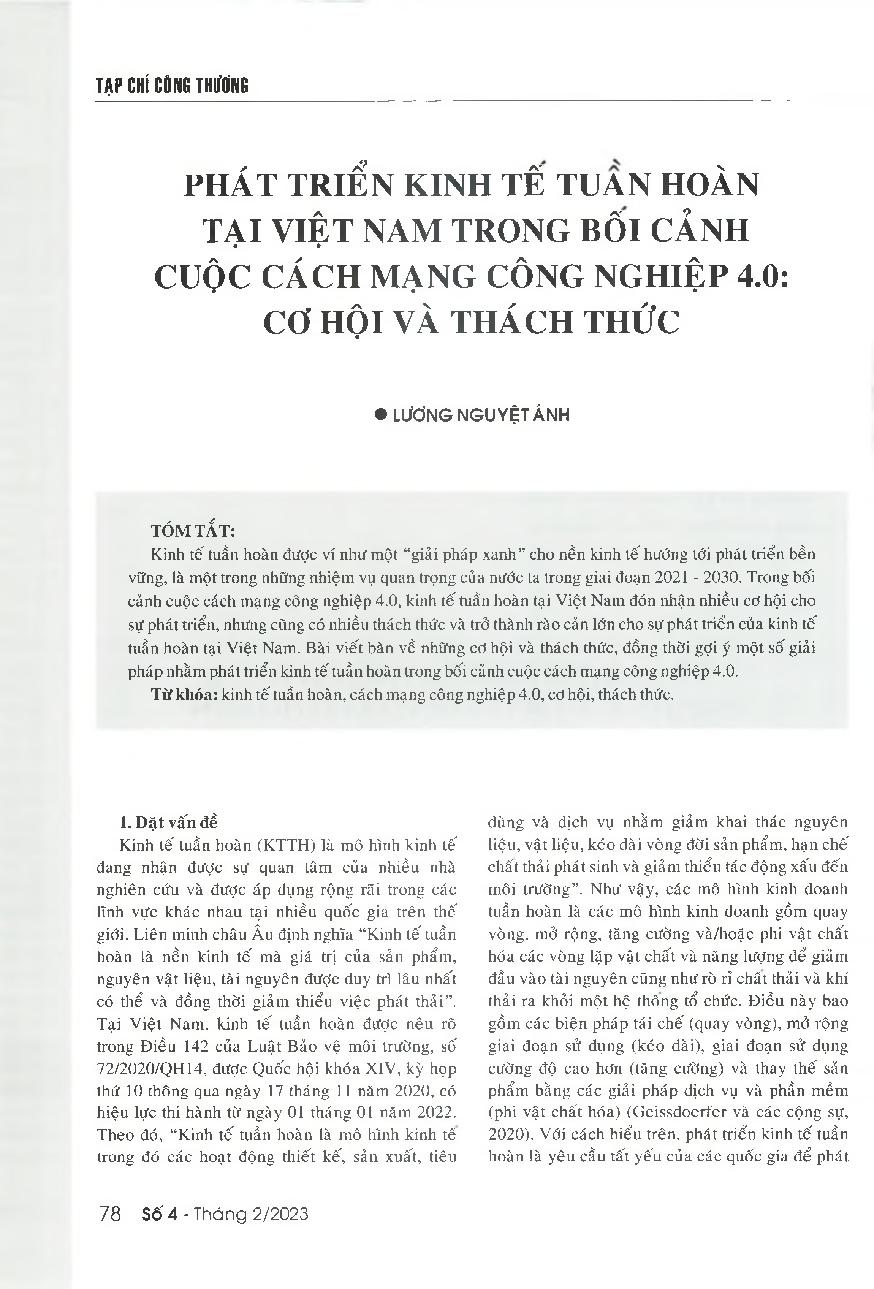 Phát triển kinh tế tuần hoàn tại Việt Nam trong bối cảnh cuộc cách mạng công nghiệp 4.0: cơ hội và thách thức = The development of circular economy in Vietnam in the context of the Industry 4.0: Opportunities and challenges