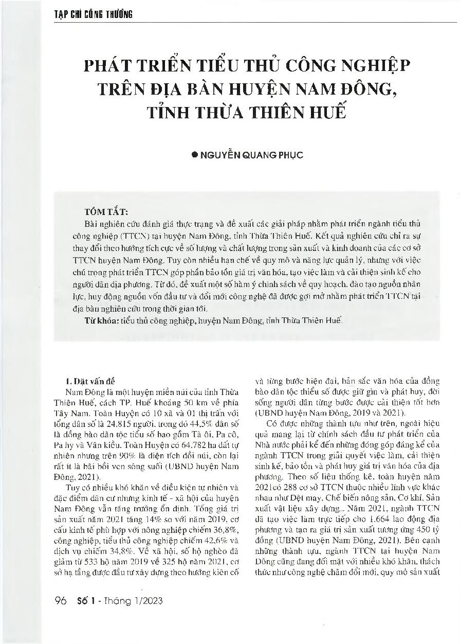 Phát triển tiểu thủ công nghiệp trên địa bàn huyện Nam Đông, tỉnh Thừa Thiên Huế = Developing the handicraft industry in Nam Dong district, Thua Thien Hue province