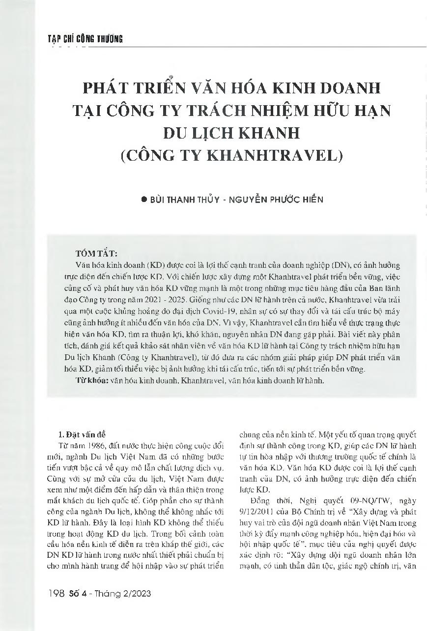 Phát triển văn hóa kinh doanh tại Công ty Trách nhiệm hữu hạn du lịch Khanhtravel (Công ty Khanhtravel) = Fostering the business culture of Khanh Tourism Co., Ltd