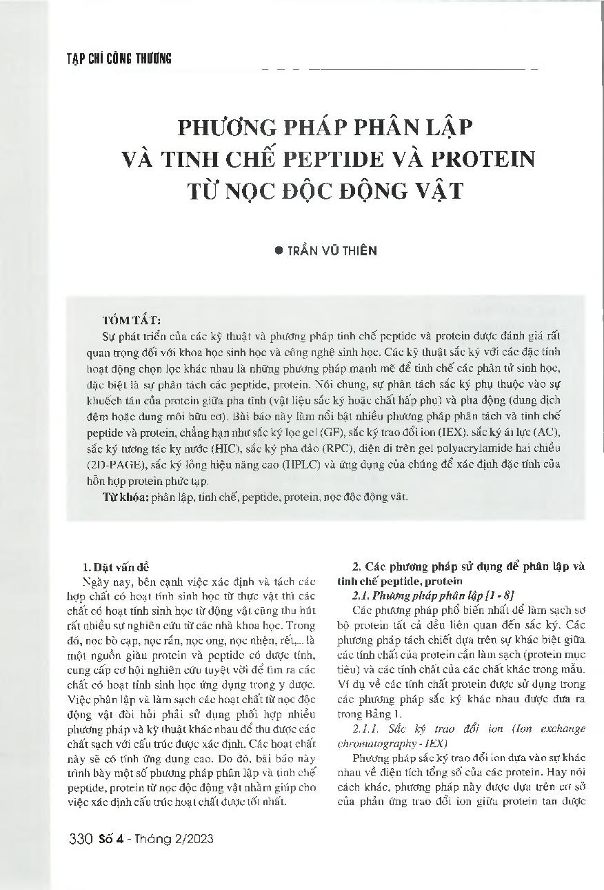 Phương pháp phân lập và tinh chế peptide và protein từ nọc độc động vật = Methods for the isolation and purification of proteins and peptides from animal venom
