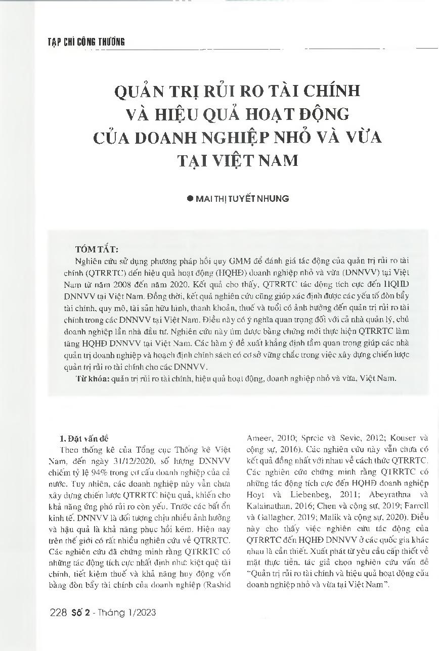 Quản trị rủi ro tài chính và hiệu quả hoạt động của doanh nghiệp nhỏ và vừa tại Việt Nam = The impacts of financial risk management on business performance of Vietnamese small and medium-sized enterprises