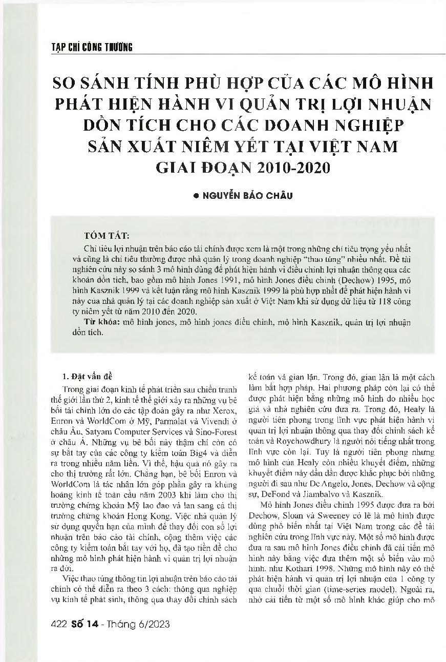 So sánh tính phù hợp của các mô hình phát hiện hành vi quàn trị lợi nhuận dồn tích cho các doanh nghiệp sàn xuất niêm yết tại Việt Nam