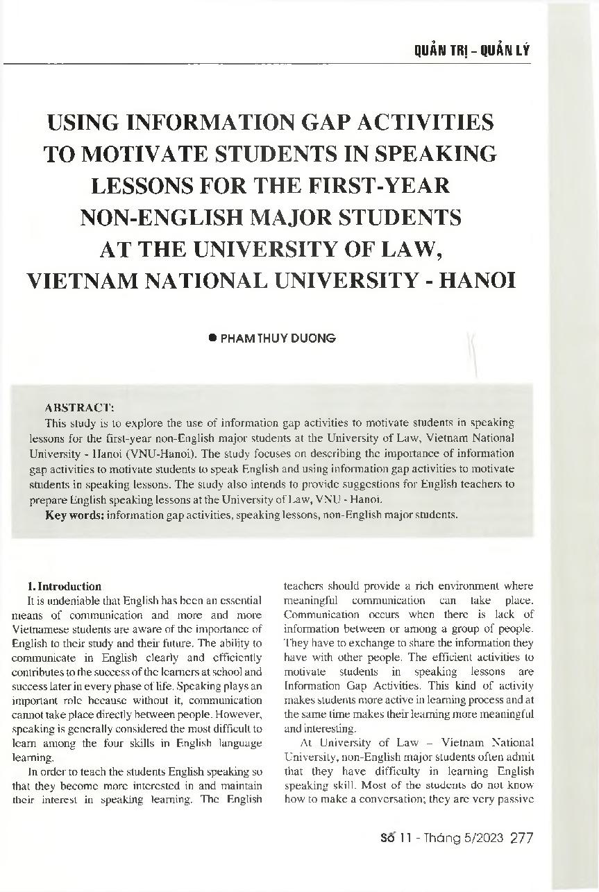 Sử dụng các hoạt động khoảng trống thông tin để tăng động lực trong giờ học nói cho sinh viên năm thứ nhất không chuyên ngôn ngữ Anh tại Trường Đại học Luật, Đại học Quốc gia Hà Nội