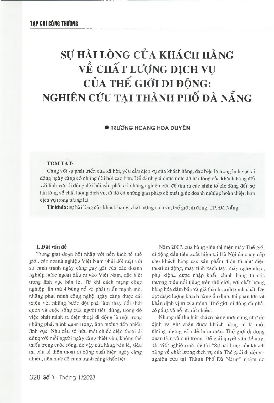 Sự hài lòng của khách hàng về chất lượng dịch vụ của Thế giới di động - Nghiên cứu tại Thành phố Đà Nẵng = The satisfaction of customers with the service quality of Mobile World in Da Nang city
