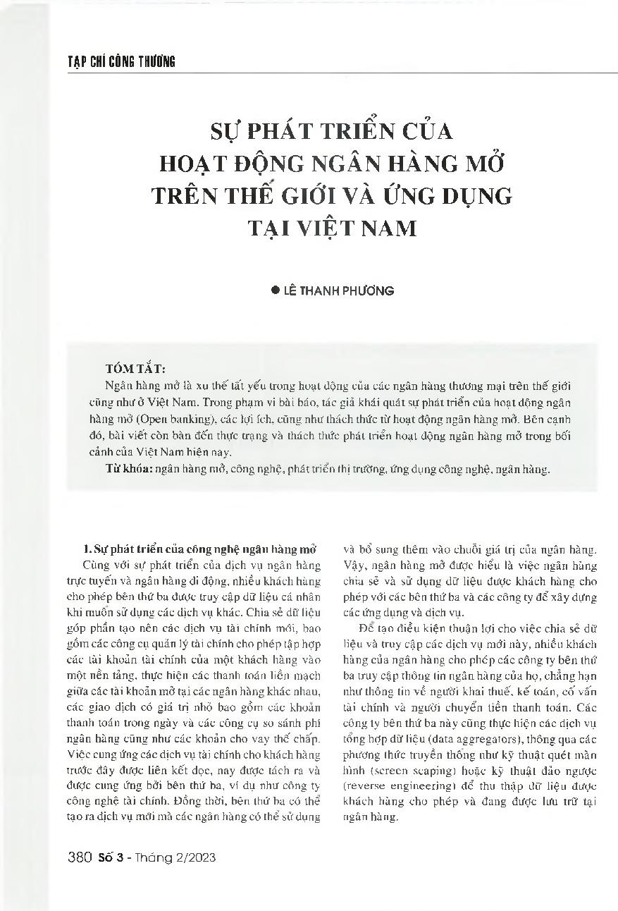 Sự phát triển của hoạt động ngân hàng mở trên thế giới và ứng dụng tại Việt Nam = The evolution of Open banking in the world and its applications in Vietnam