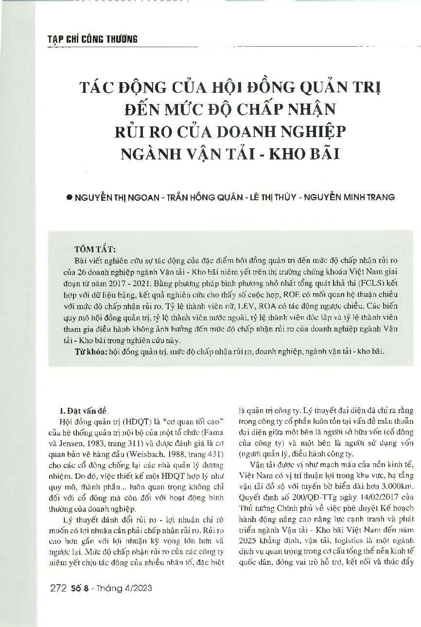 Tác động của hội đồng quản trị đến mức độ chấp nhận rủi ro của doanh nghiệp ngành vận tải - kho bãi