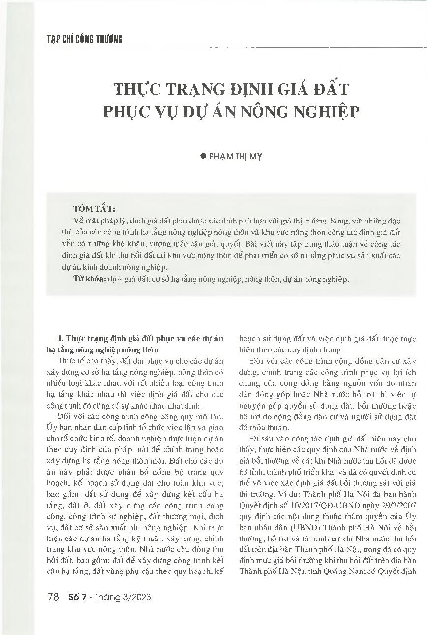 Thực trạng định giá đất phục vụ dự án nông nghiệp = The current land appraisal for the development of agribusiness projects