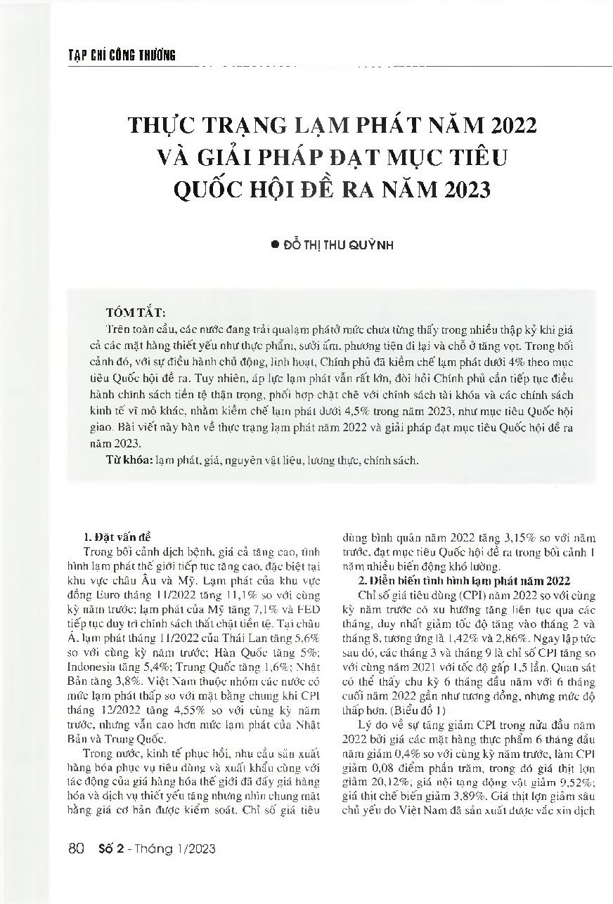 Thực trạng lạm phát năm 2022 và giải pháp đạt mục tiêu Quốc hội đề ra năm 2023 = The inflation situation in Vietnam in 2022 and solutions to reach the National Assembly's set inflation target in 2023
