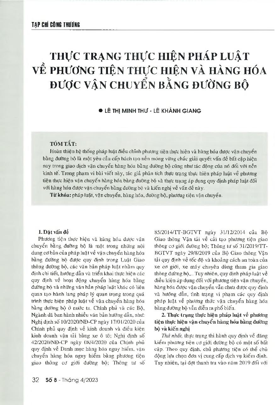 Thực trạng thực hiện pháp luật về phương tiện thực hiện và hàng hoá được vận chuyển bằng đường bộ