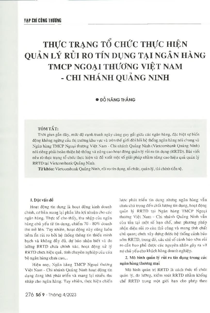 Thực trạng tổ chức thực hiện quản lý rủi ro tín dụng tại Ngân hàng TMCP Ngoại thương Việt Nam - Chi nhánh Quảng Ninh