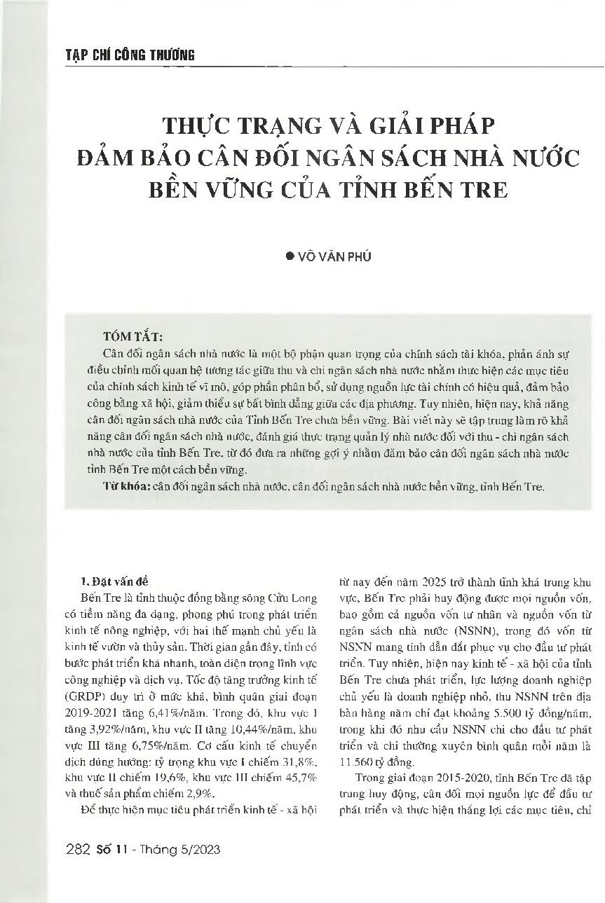 Thực trạng và giải pháp đảm bảo cân đối ngân sách nhà nước bền vững của tỉnh Bến Tre