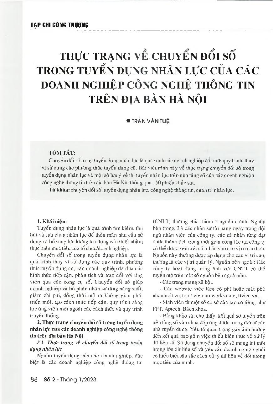 Thực trạng về chuyển đổi số trong tuyển dụng nhân lực của các doanh nghiệp công nghệ thông tin trên địa bàn Hà Nội = The current digital transformation in human resource recruitment of information technology companies in Hanoi