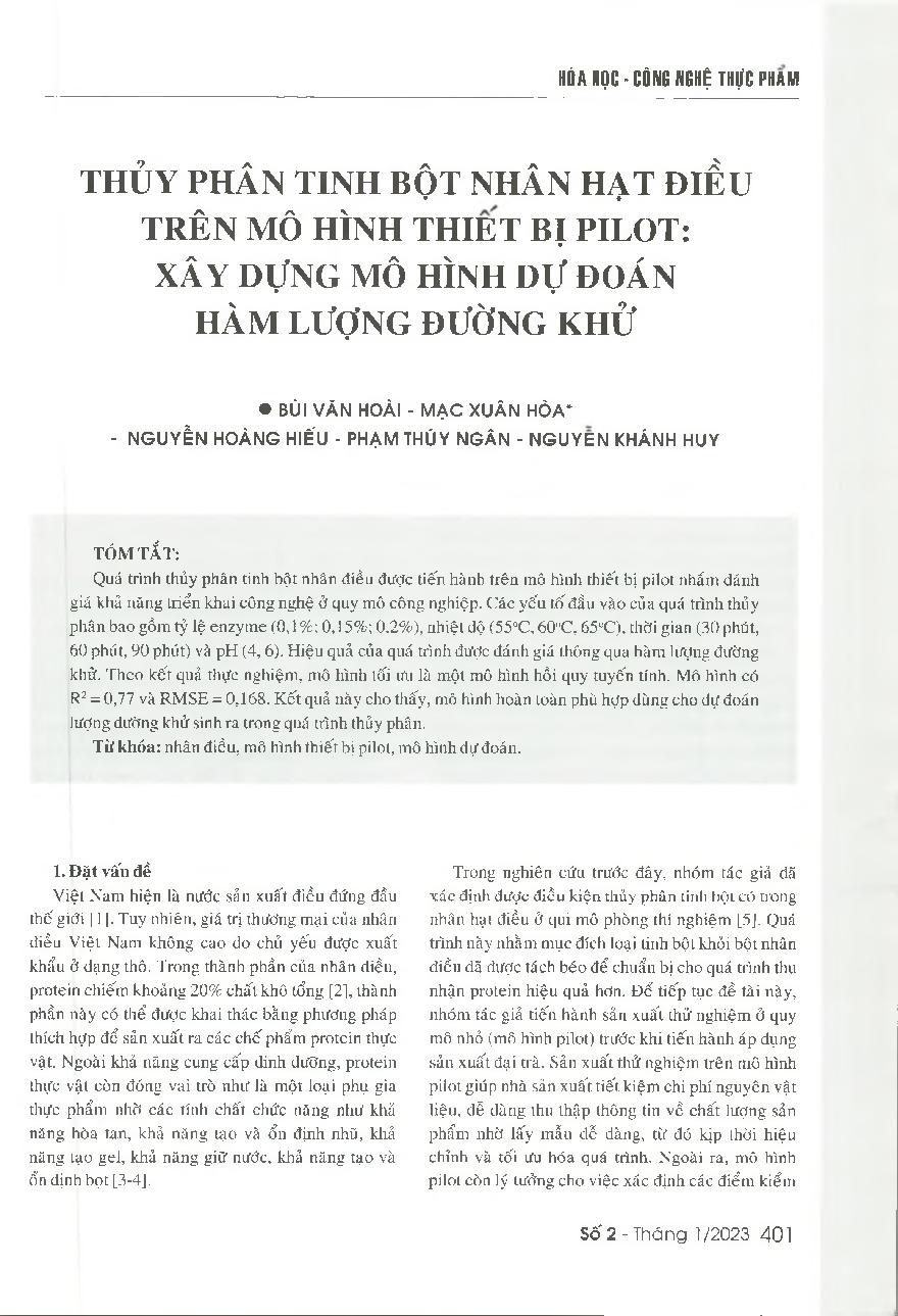 Thủy phân tinh bột nhân hạt điều trên mô hình thiết bị pilot: Xây dựng mô hình dự đoán hàm lượng đường khử = A study on the hydrolysis of the starch in defatted cashew nut powder by using the pilot reactor: Developing the mathematical model for predicting