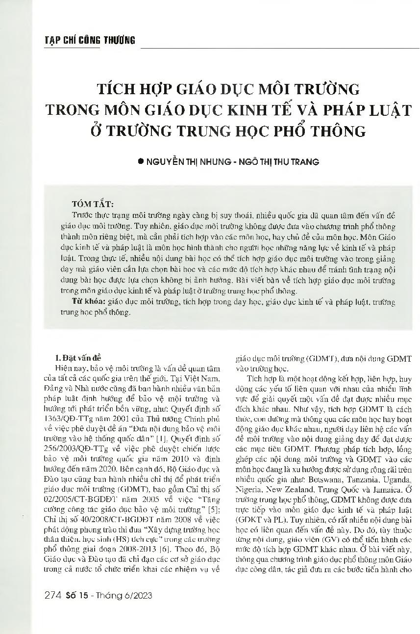 Tích hợp giáo dục môi trường trong môn giáo dục kinh tế và pháp luật ở trường trung học phổ thông