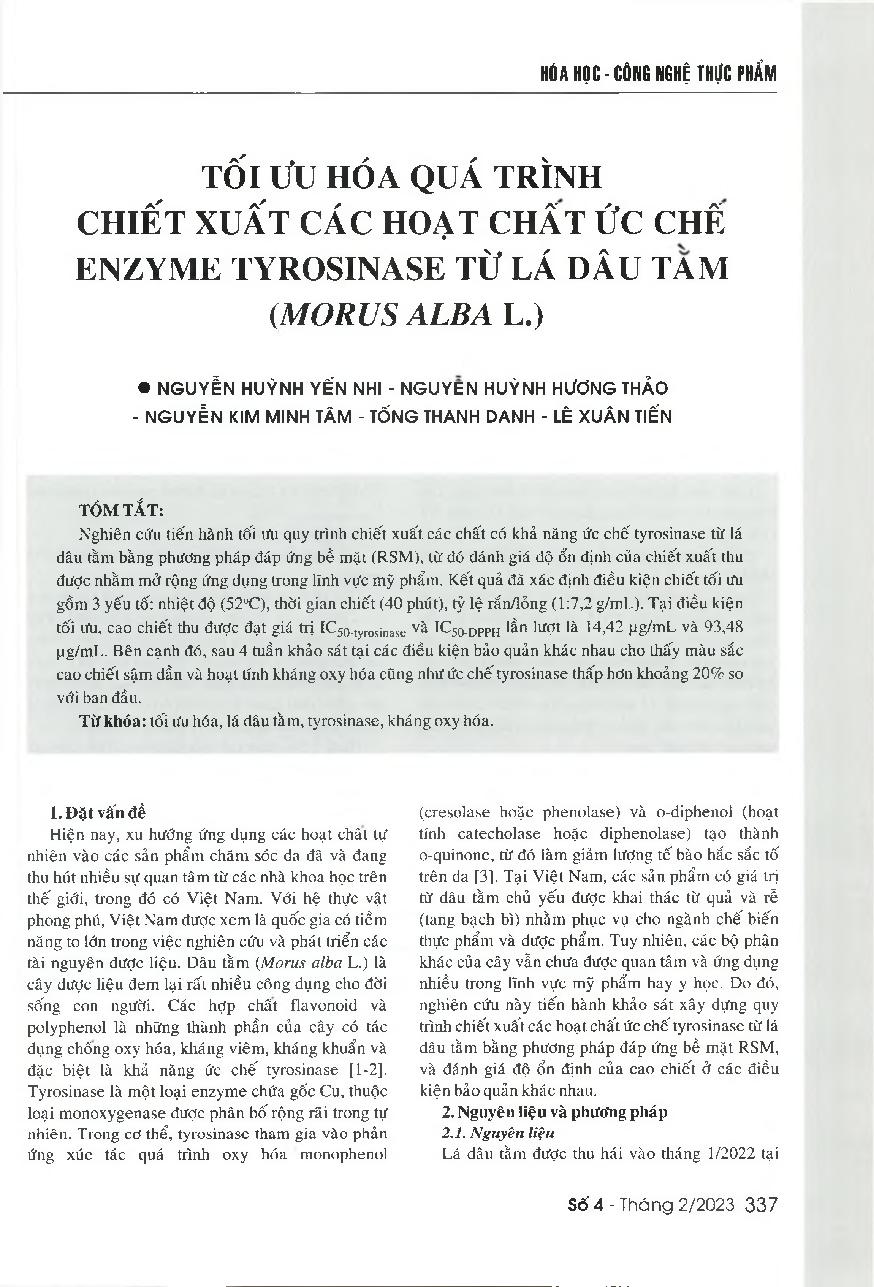Tối ưu hóa quá trình chiết xuất các hoạt chất ức chế enzyme tyrosinase từ lá dâu tằm (Morus alba L.) = Optimizing the extraction of tyrosinase inhibitors from mulberry (Morus alba L.) leaves