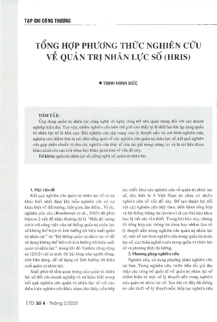 Tổng hợp phương thức nghiên cứu về quản trị nhân lực số (HRIS) = An overview on grounded theories and methodological researches on human resource information system