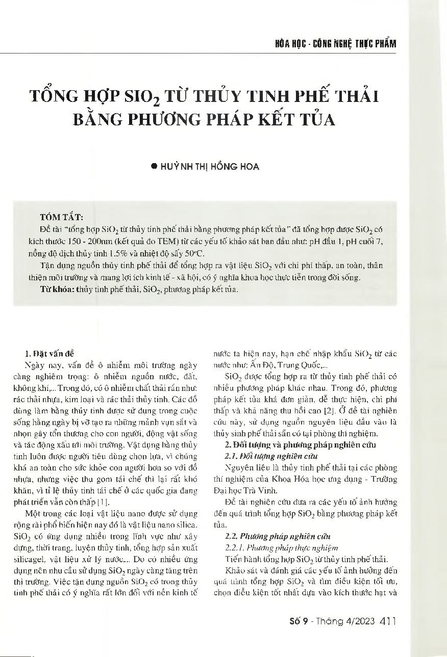 Tổng hợp SiO2 từ thủy tinh phế thải bằng phương pháp kết tủa